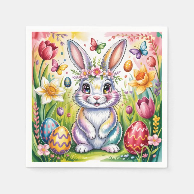 Colourful Easter Bunny Illustration with Crown  Napkin (Front)