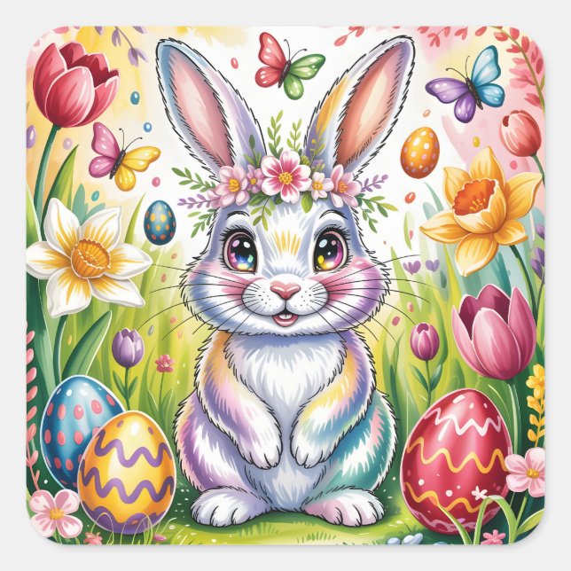 Colourful Easter Bunny Illustration with Crown  Square Sticker (Front)