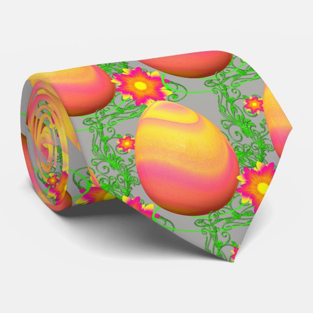 Colourful Easter Egg And Flowers On Grey Tie (Rolled)