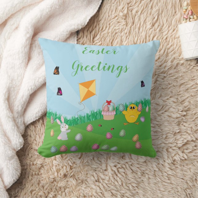 Colourful Easter Egg Hunt Bunny Chick  Throw Pillow (Blanket)