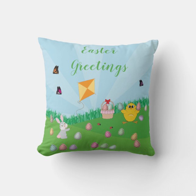Colourful Easter Egg Hunt Bunny Chick  Throw Pillow (Front)