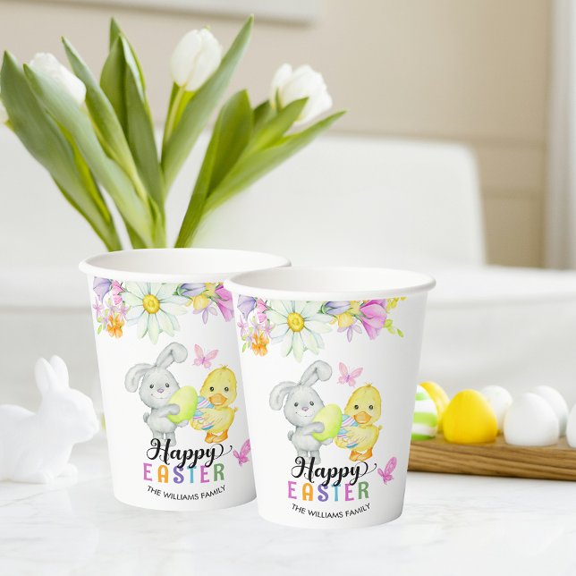 Colourful Easter Egg Hunt Cute Bunny & Chick Flora Paper Cups (Creator Uploaded)
