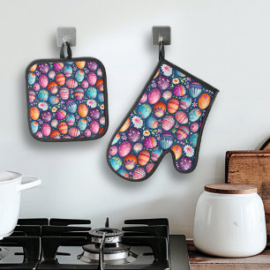 Colourful Easter Egg Pattern Fun Oven Mitt & Pot Holder Set