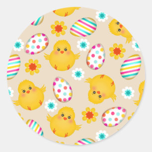 Colourful Easter Eggs and Chicks Pattern Classic Round Sticker