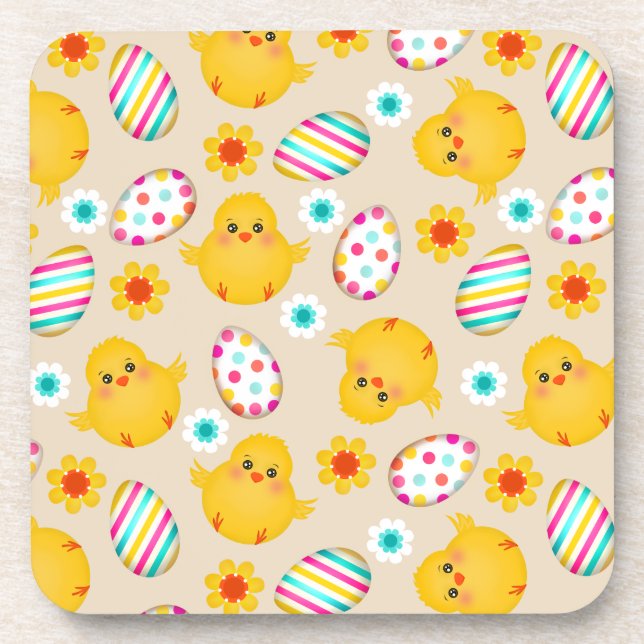 Colourful Easter Eggs and Chicks Pattern Coaster (Front)