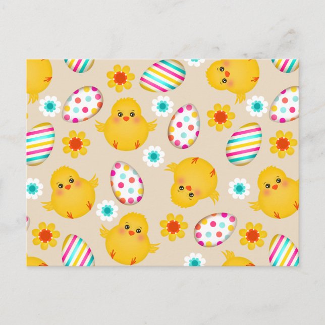 Colourful Easter Eggs and Chicks Pattern Holiday Postcard (Front)