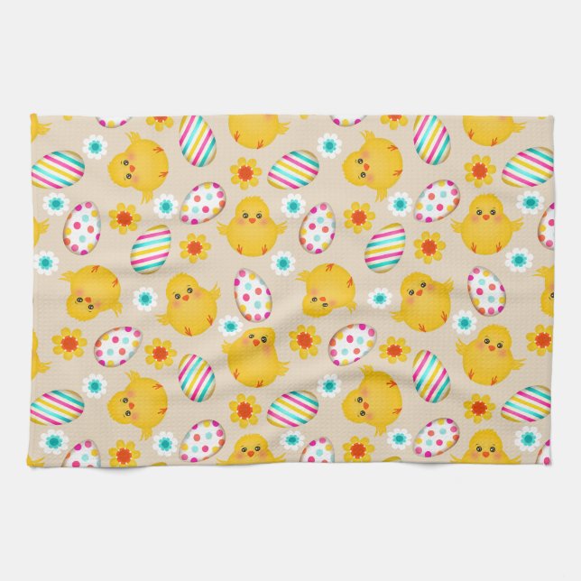 Colourful Easter Eggs and Chicks Pattern Kitchen Towel (Horizontal)
