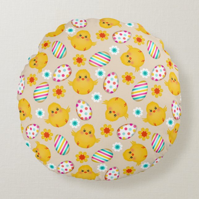 Colourful Easter Eggs and Chicks Pattern Round Pillow (Front)