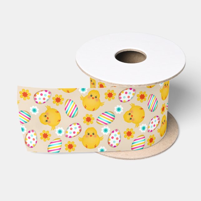 Colourful Easter Eggs and Chicks Pattern Satin Ribbon (Spool)