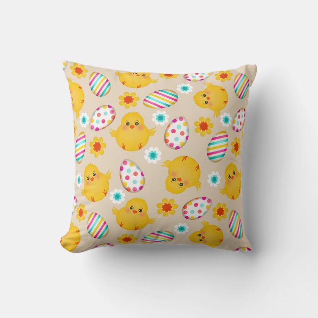 Colourful Easter Eggs and Chicks Pattern Throw Pillow (Front)