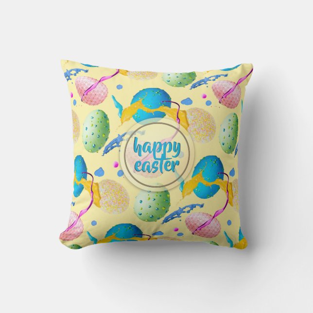 Colourful Easter Eggs and Paint Splash Throw Pillow (Front)