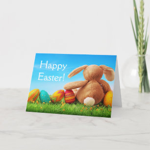 Colourful Easter Eggs and Rabbit on Green Grass Holiday Card