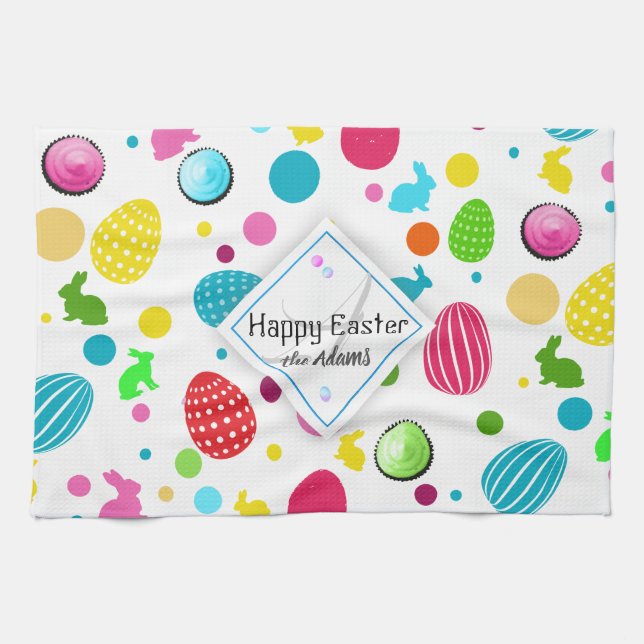 Colourful Easter Eggs , Bunnies, Cupcakes Monogram Kitchen Towel (Horizontal)