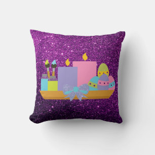 Colourful Easter Eggs & Candles Purple Faux Glitte Throw Pillow
