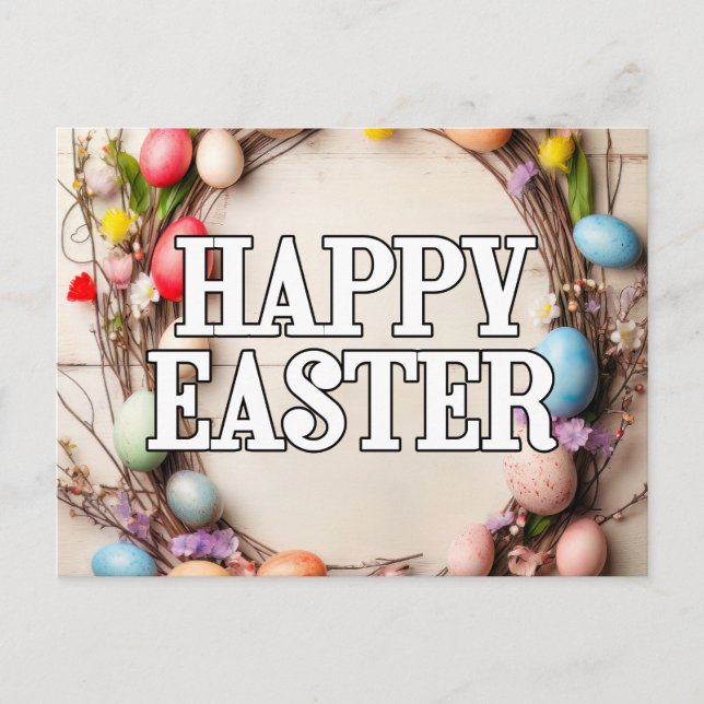 Colourful Easter Eggs & Flowers Wreath Collage Postcard (Front)