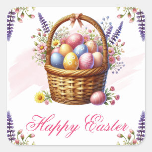 Colourful Easter Eggs in Basket Happy Easter Square Sticker
