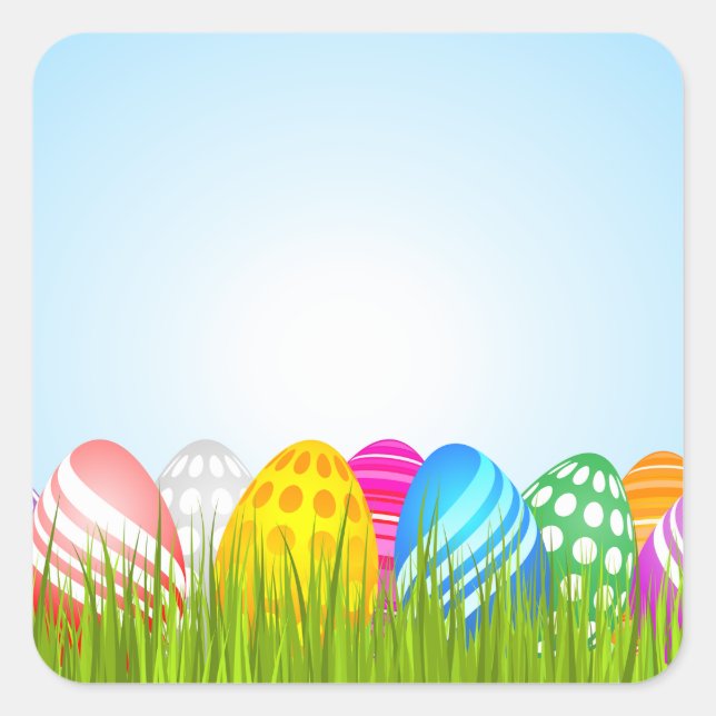 Colourful Easter Eggs in Grass Square Sticker (Front)