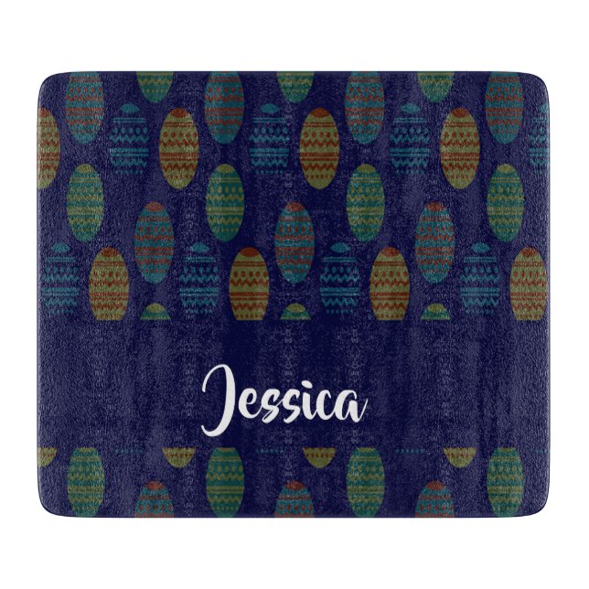 Colourful easter eggs on blue cutting board (Front)