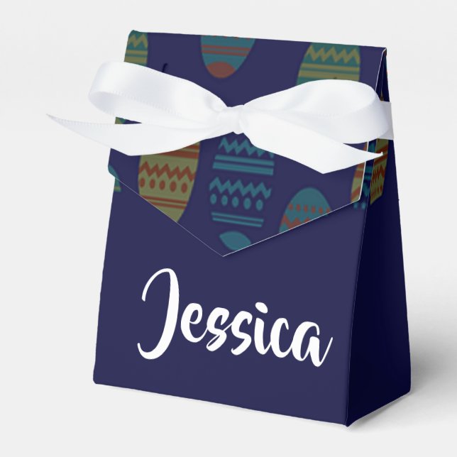 Colourful easter eggs on blue favor box (Front Side)