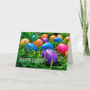 Colourful Easter Eggs on Grass Photo, Happy Easter Holiday Card