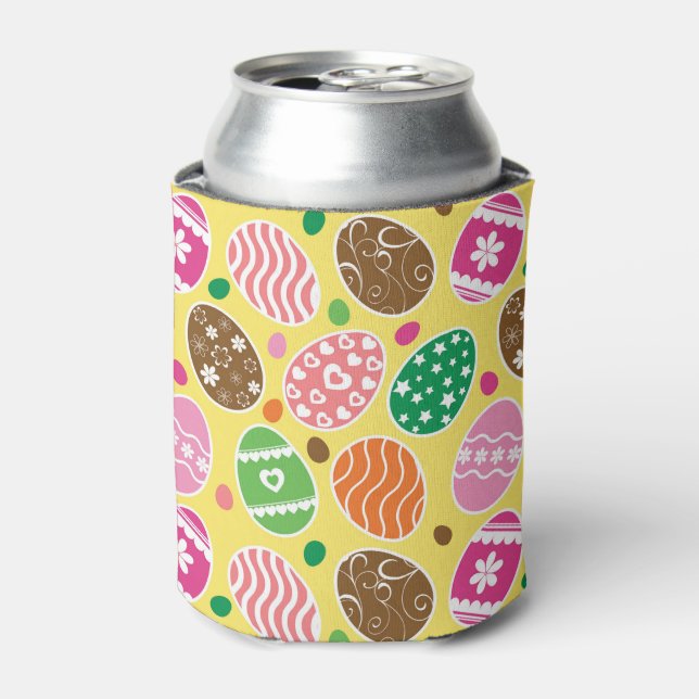 Colourful Easter Eggs Pattern Yellow Background Can Cooler (Can Front)