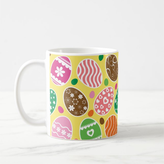 Colourful Easter Eggs Pattern Yellow Background Coffee Mug (Left)