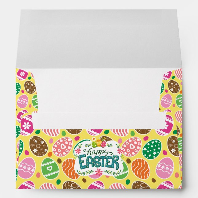 Colourful Easter Eggs Pattern Yellow Background Envelope (Back (Bottom))