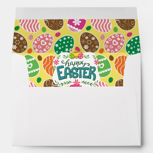 Colourful Easter Eggs Pattern Yellow Background Envelope (Back (Bottom))