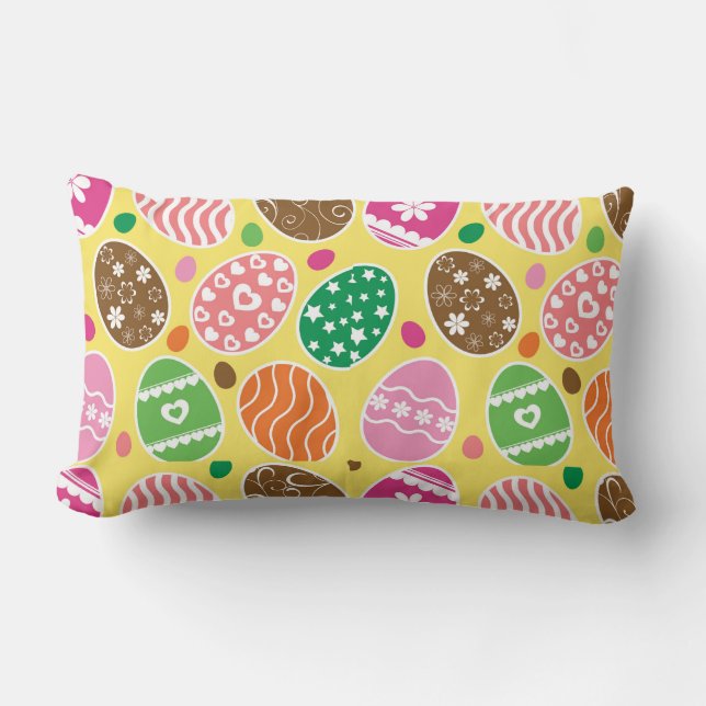 Colourful Easter Eggs Pattern Yellow Background Lumbar Pillow (Front)