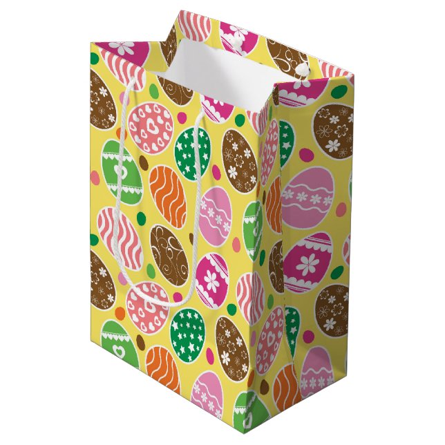 Colourful Easter Eggs Pattern Yellow Background Medium Gift Bag (Front Angled)