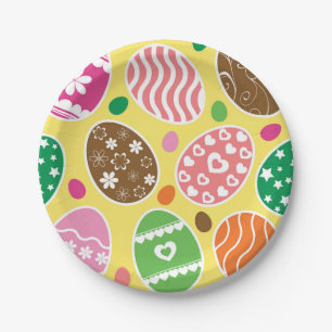 Colourful Easter Eggs Pattern Yellow Background Paper Plate