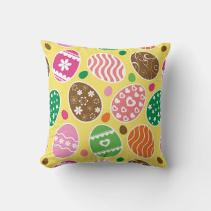 Colourful Easter Eggs Pattern Yellow Background Throw Pillow