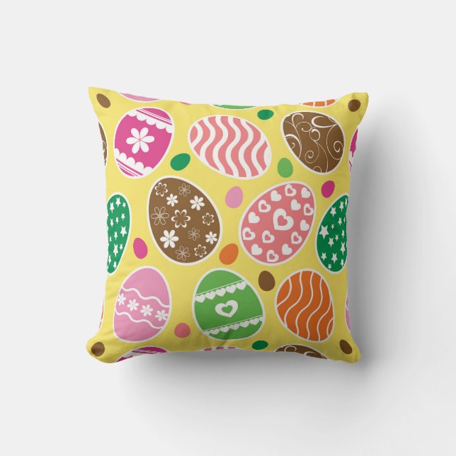 Colourful Easter Eggs Pattern Yellow Background Throw Pillow (Front)