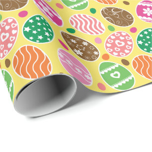 Colourful Easter Eggs Pattern Yellow Background Wrapping Paper