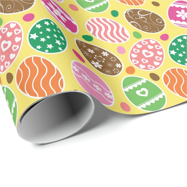 Colourful Easter Eggs Pattern Yellow Background Wrapping Paper (Roll Corner)