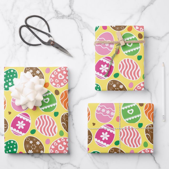 Colourful Easter Eggs Pattern Yellow Background Wrapping Paper Sheet (Front)