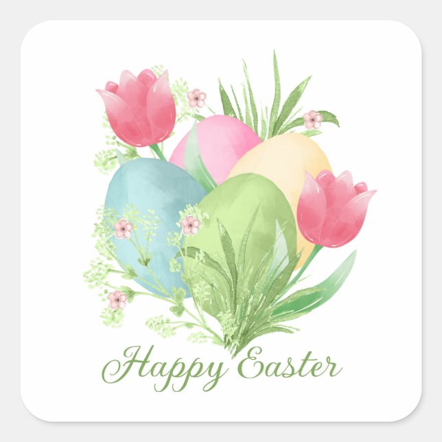 Colourful Easter Eggs Tulips Square Sticker (Front)
