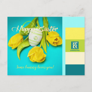 Colourful Easter Stripes Photo Monogram Holiday Postcard