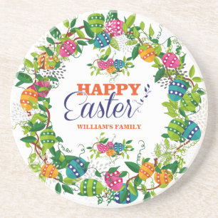 Colourful Easter Wreath With Eggs & Spring Flowers Coaster