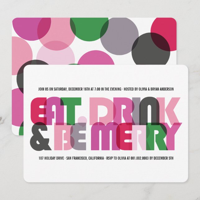 Colourful Eat Drink & Be Merry Holiday Party Invit Invitation (Front/Back)