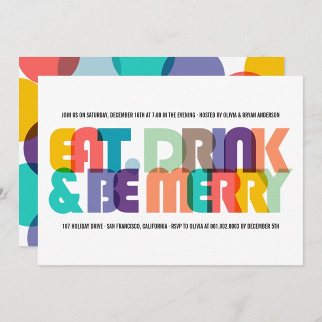 Colourful Eat Drink & Be Merry Holiday Party Invit Invitation (Front/Back)