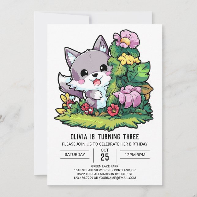 Colourful Editable Digital Wolf Birthday Invitation (Front)