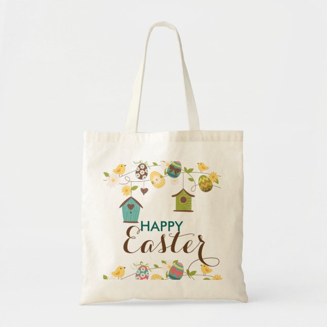 Colourful Eggs Flowers Bird-feeders Happy Easter Tote Bag (Front)