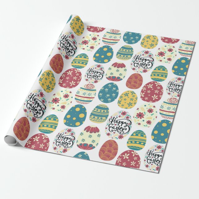 Colourful Eggs Happy Easter Typography Wrapping Paper (Unrolled)