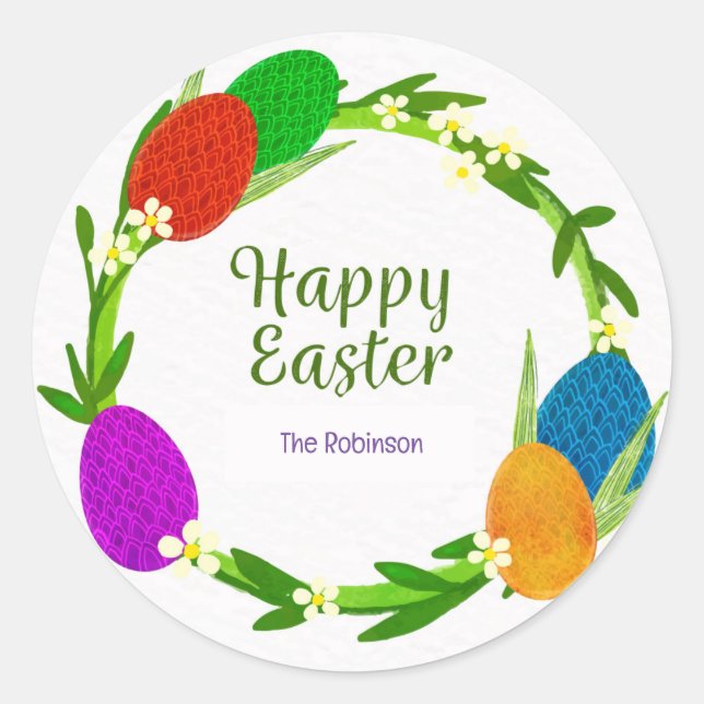 Colourful Eggs with Circle Leaves, Happy Easter  Classic Round Sticker (Front)