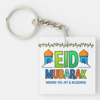 Colourful eid mubarak greeting card with mosque an keychain