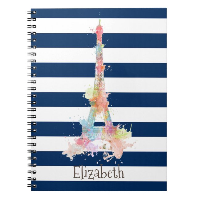 Colourful Eiffel Tower Navy Blue Stripes  Notebook (Front)