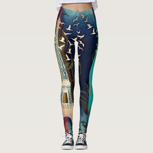 Colourful Eiffel Tower Paris bird leggings (Front)