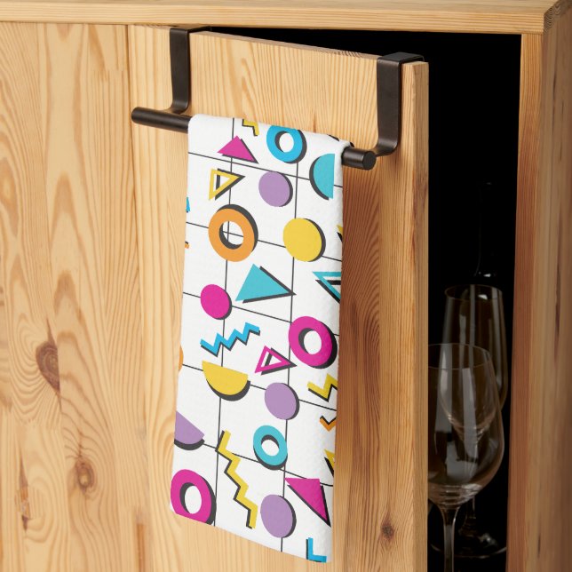Colourful Eighties 80's Retro Geometric Pattern Kitchen Towel (Thirds Fold)