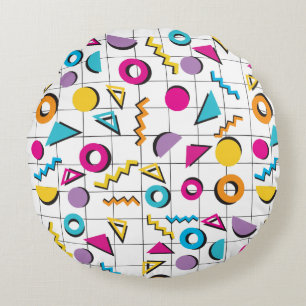 Colourful Eighties 80's Retro Geometric Pattern Round Pillow